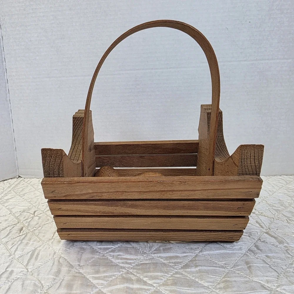 Vintage Cottagecore Wooden Eggs Basket Hearts Chickens Kitschy Country